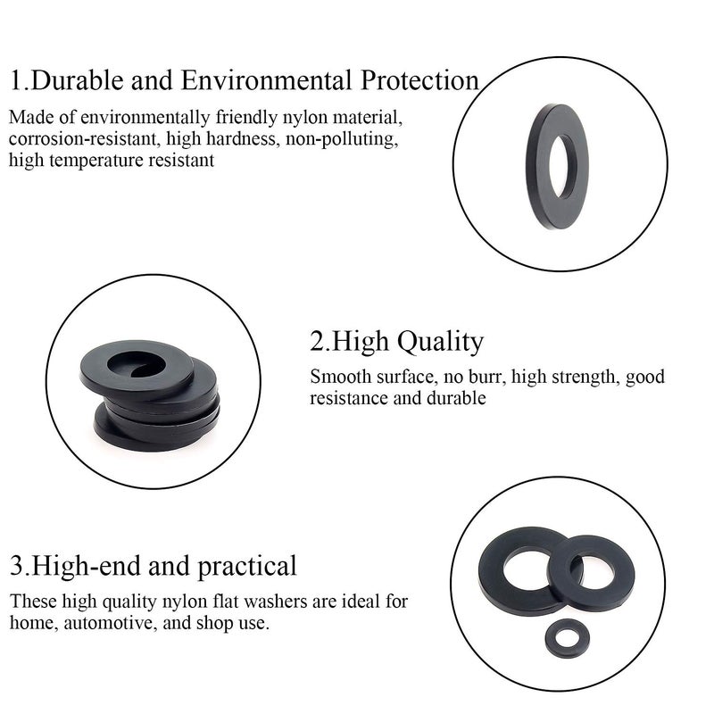 DYWISHKEY 720 Pieces 7 Sizes Black Nylon Flat Washers Assortment Kit (M3 M4 M5 M6 M8 M10 M12) - Image 4